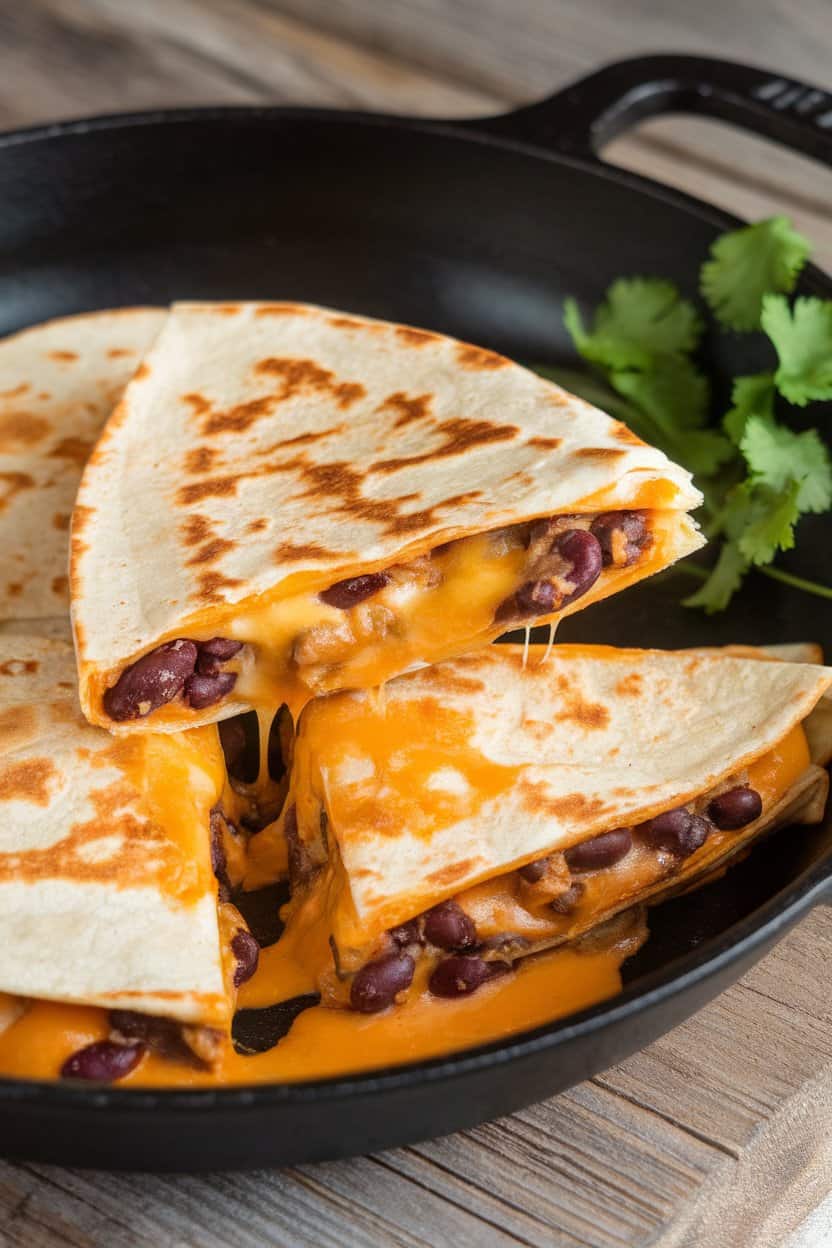 Indoor skillet view of a cut quesadilla oozing cheese and black beans, cilantro on the side. Photo, no text or logos.