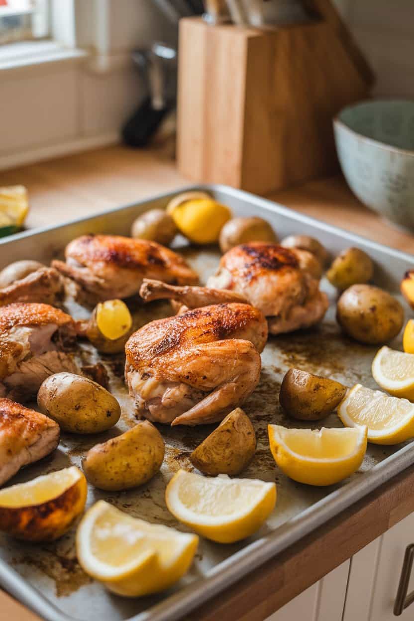 Indoor kitchen counter with a sheet pan of roasted chicken pieces, baby potatoes, and lemon wedges, no text or logos.