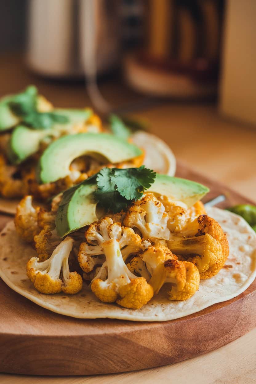 Indoor photo of soft tortillas loaded with spiced roasted cauliflower florets, avocado slices, and cilantro drizzle, displayed on a wooden board. No text or logos present.