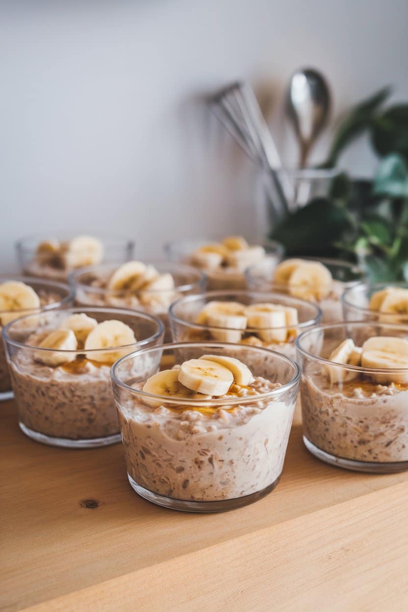 Indoor photo of clear glass bowls filled with overnight oats topped with sliced bananas and a drizzle of honey; no text or logos visible.