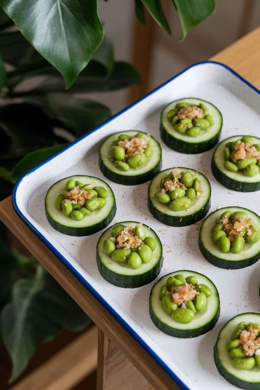 Indoor photo of thick cucumber coins topped with bright green smashed edamame and a sprinkle of flaky salt on a white tray; gentle overhead lighting, no text or logos.