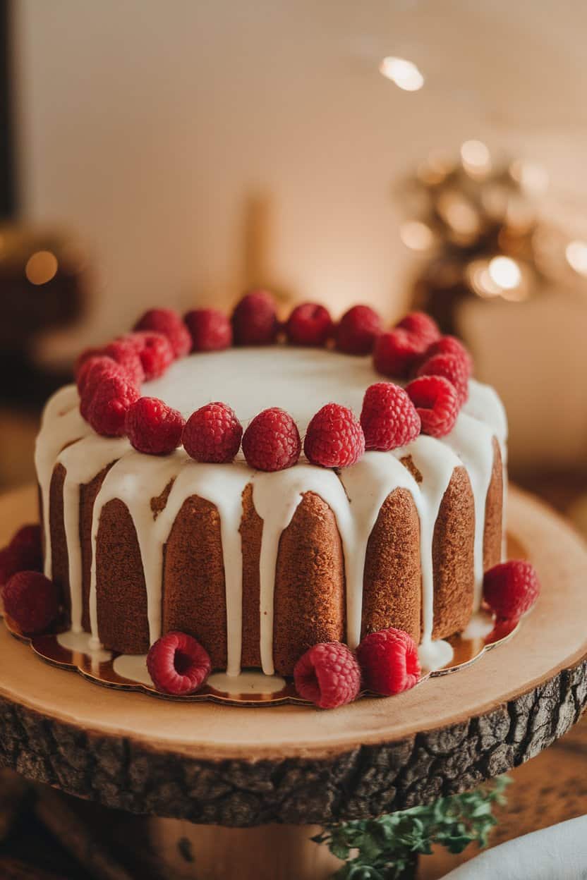A King Cake with white-chocolate drizzle and fresh raspberries arranged on top, indoor lighting. No text or logos.