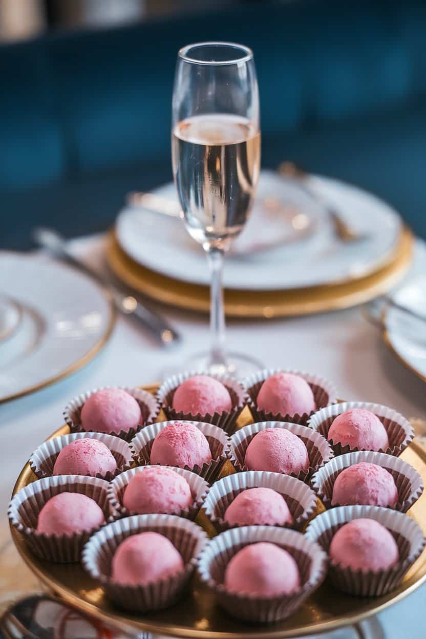 Photo: An indoor dessert board displaying pink dusted truffles nestled in paper cups, champagne flute blurred in the background. No text or logos on tableware.