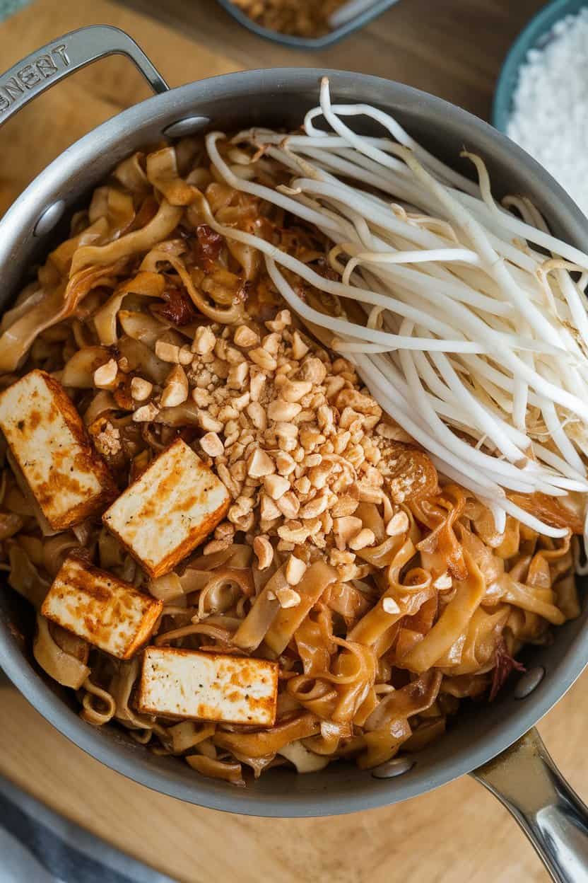 An overhead indoor shot of a skillet filled with glossy Pad Thai noodles, browned tofu strips, bean sprouts, and crushed peanuts; no text or logos on cookware.