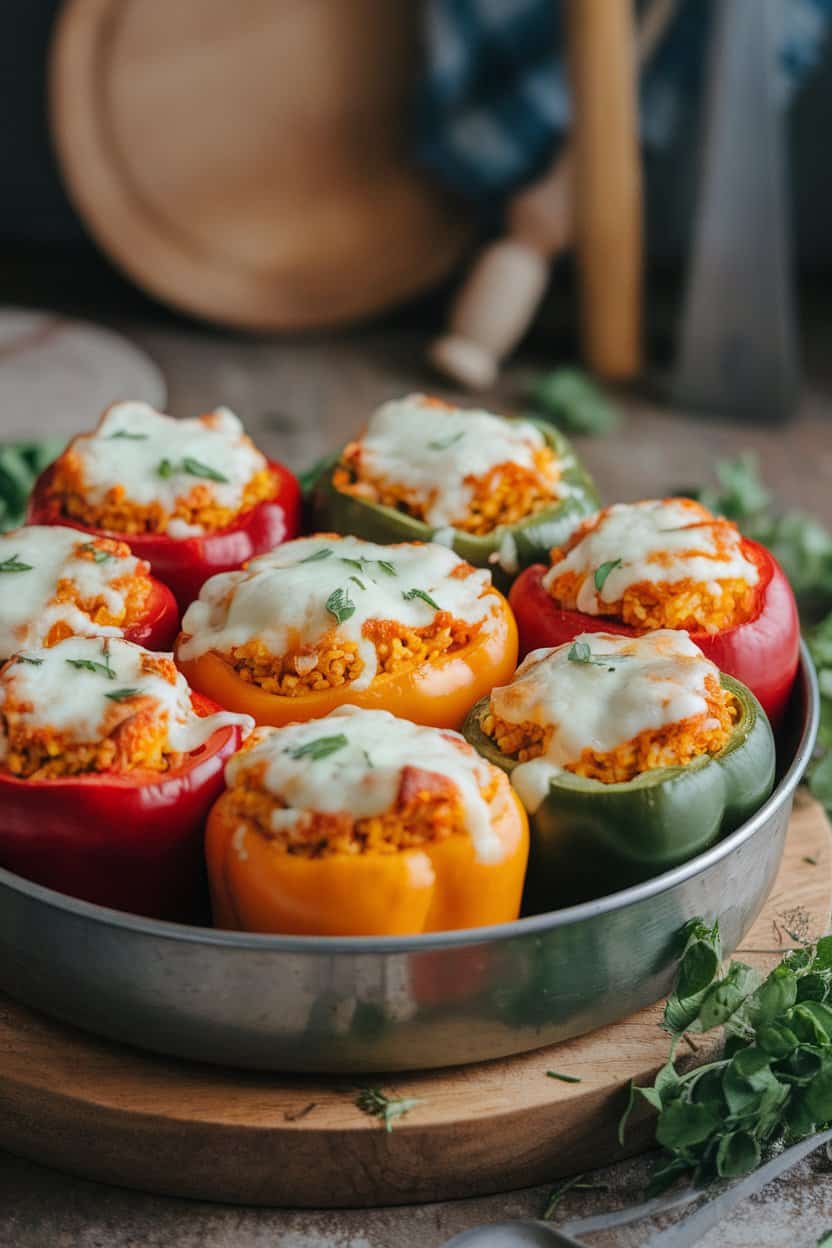An indoor oven-to-table photo of colorful bell peppers filled with herbed rice and tofu, topped with melted cheese, resting in a baking dish; no text or logos shown.