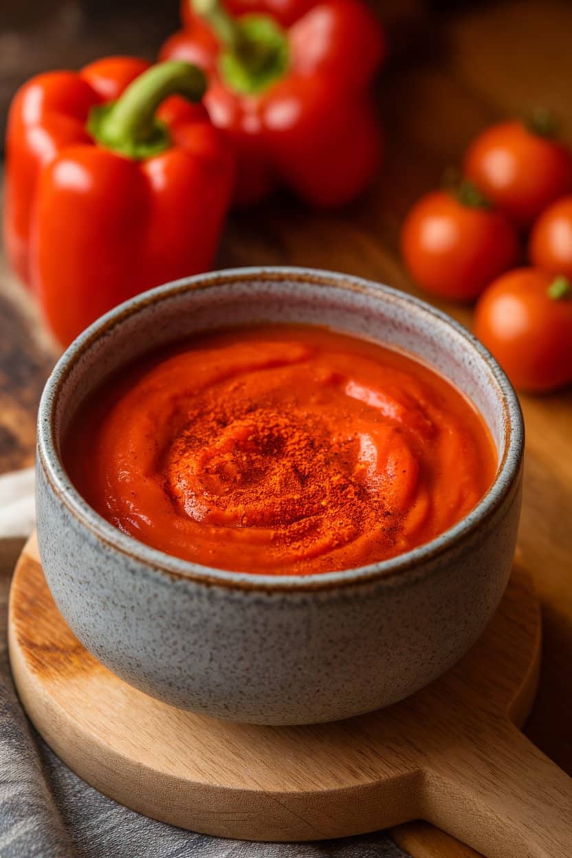 Indoor photo of red bell pepper and tomato soup in a grey stoneware bowl, garnished with a sprinkle of smoked paprika. No text or logos.