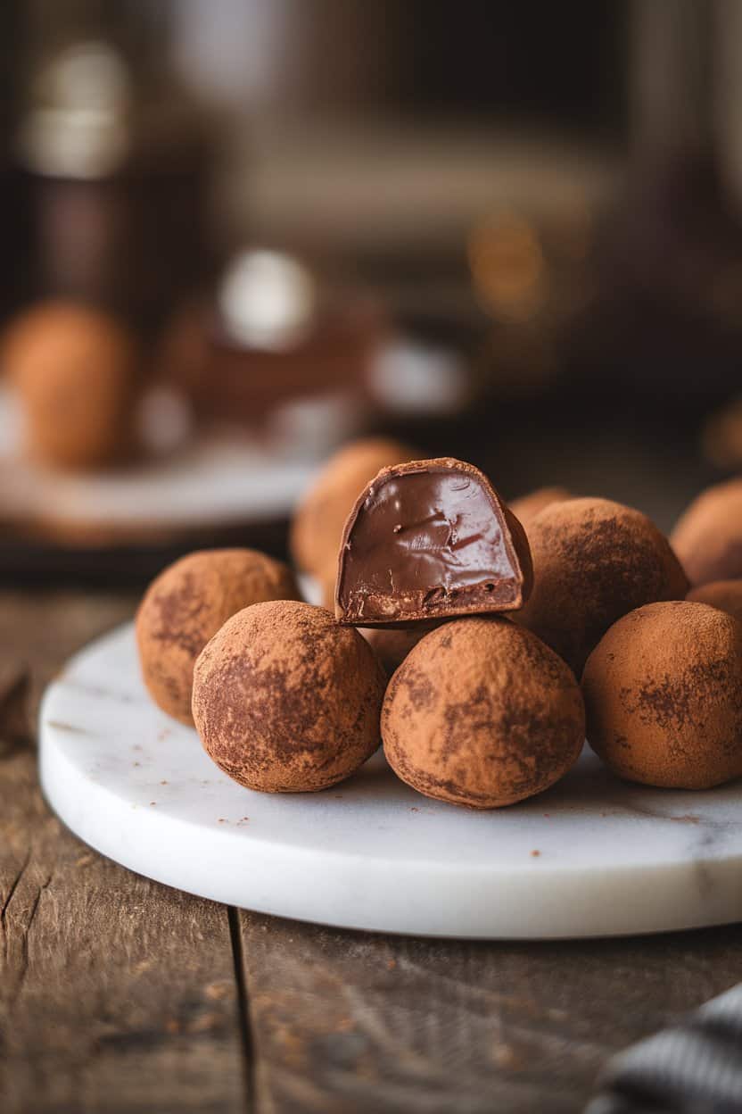 A close-up indoor image of cocoa-dusted chocolate truffles on a marble platter, one cut open to reveal a smooth center. No text or logos; photo only.