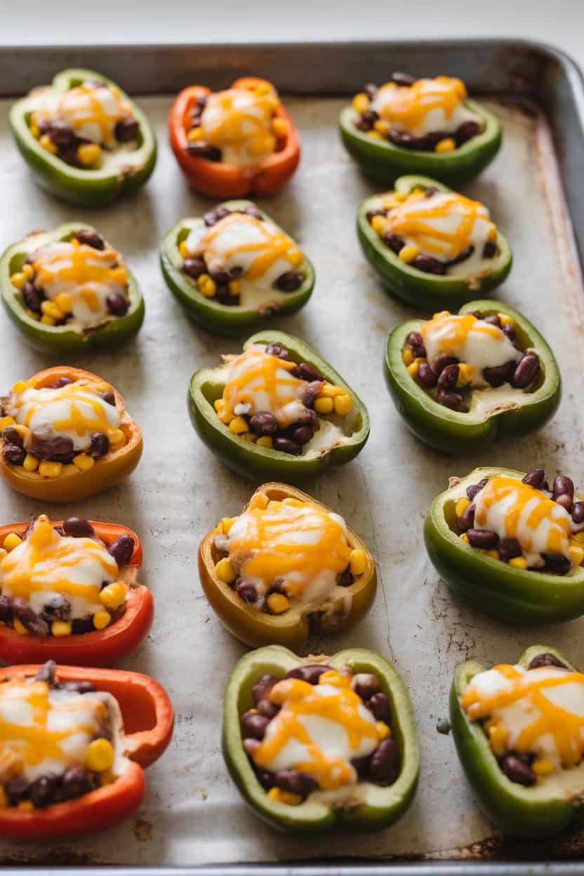Indoor photo of halved mini bell peppers filled with black beans, corn, and melted cheese on a baking sheet; no text or logos present.