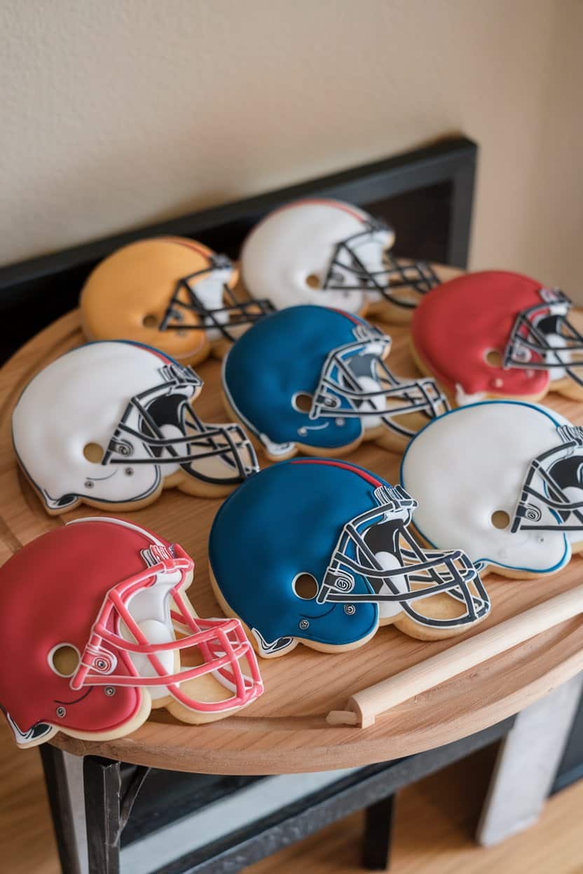 Photo of helmet-shaped cookies iced in various team colors with contrasting face masks, resting on an indoor wooden board. No text or logos present.