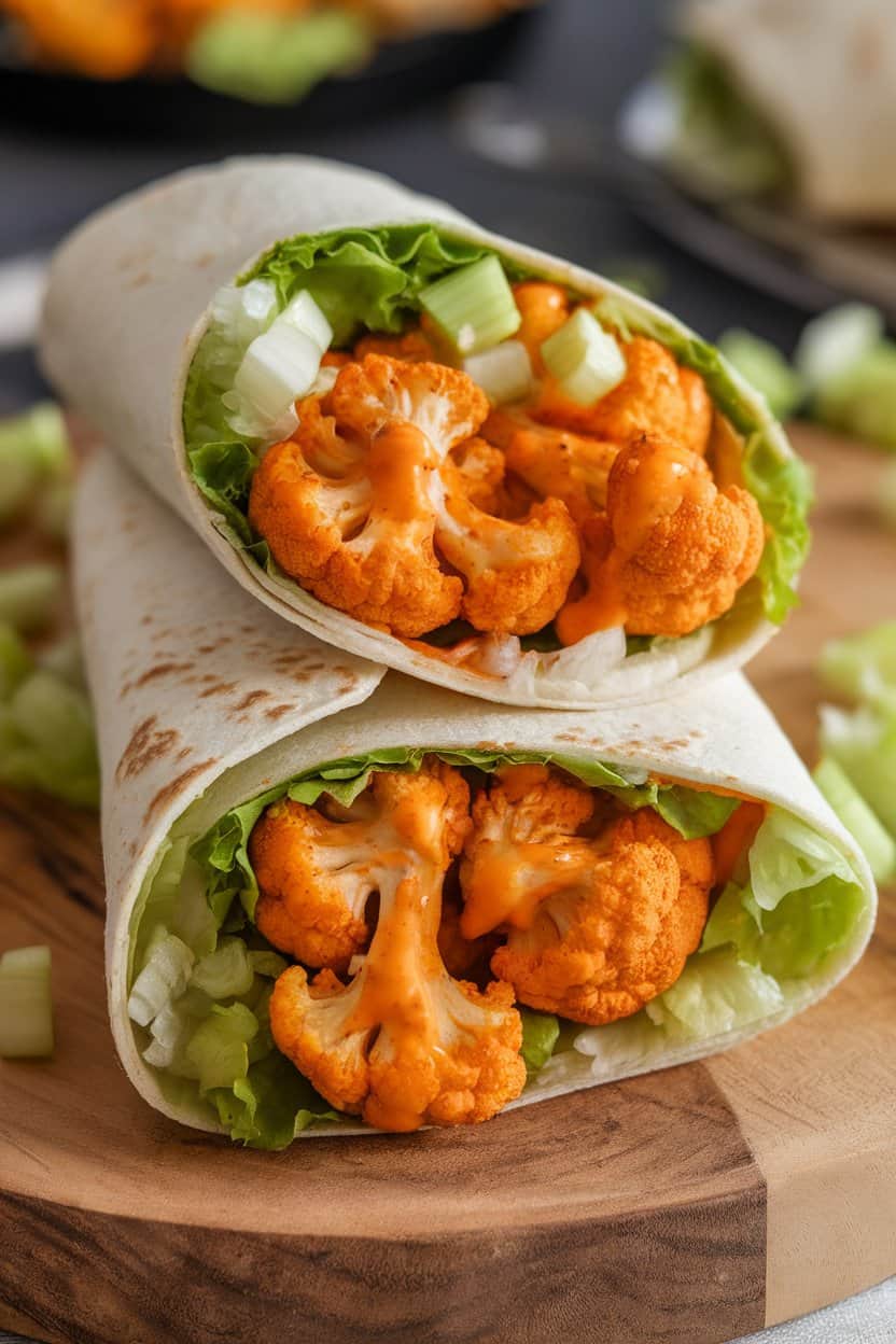 Photo taken indoors of a wrap cut open to display buffalo-sauced roasted cauliflower bites, lettuce, and diced celery. No text or logos visible.