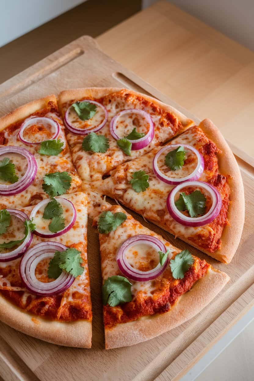 Wooden cutting board indoors holding a sliced barbecue chicken pizza with red onion rings and cilantro sprinkled over gooey cheese, no text or logos in frame.
