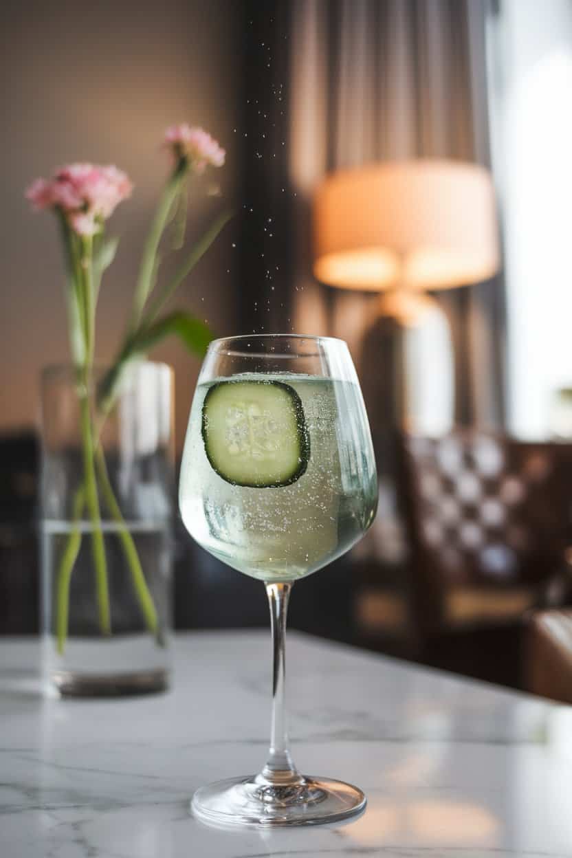 Indoor lounge with a stemmed glass of clear green-tinted spritz, thin cucumber wheel floating, tiny bubbles rising; photo, no text or logos.