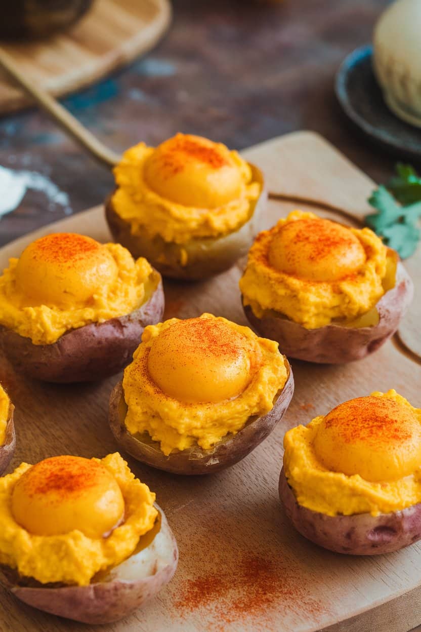 Indoor photo of halved baby potatoes filled with bright yellow turmeric tofu “yolk” mixture, sprinkled with paprika. No text or logos.