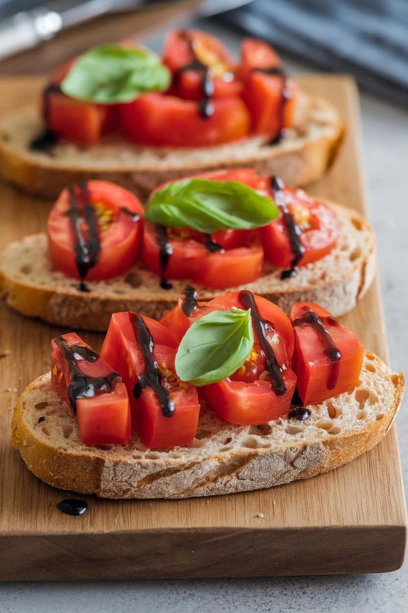 Photo of toasted whole-grain baguette slices topped with diced tomatoes, basil, and a drizzle of balsamic, taken indoors on a wooden board. No text or logos present.