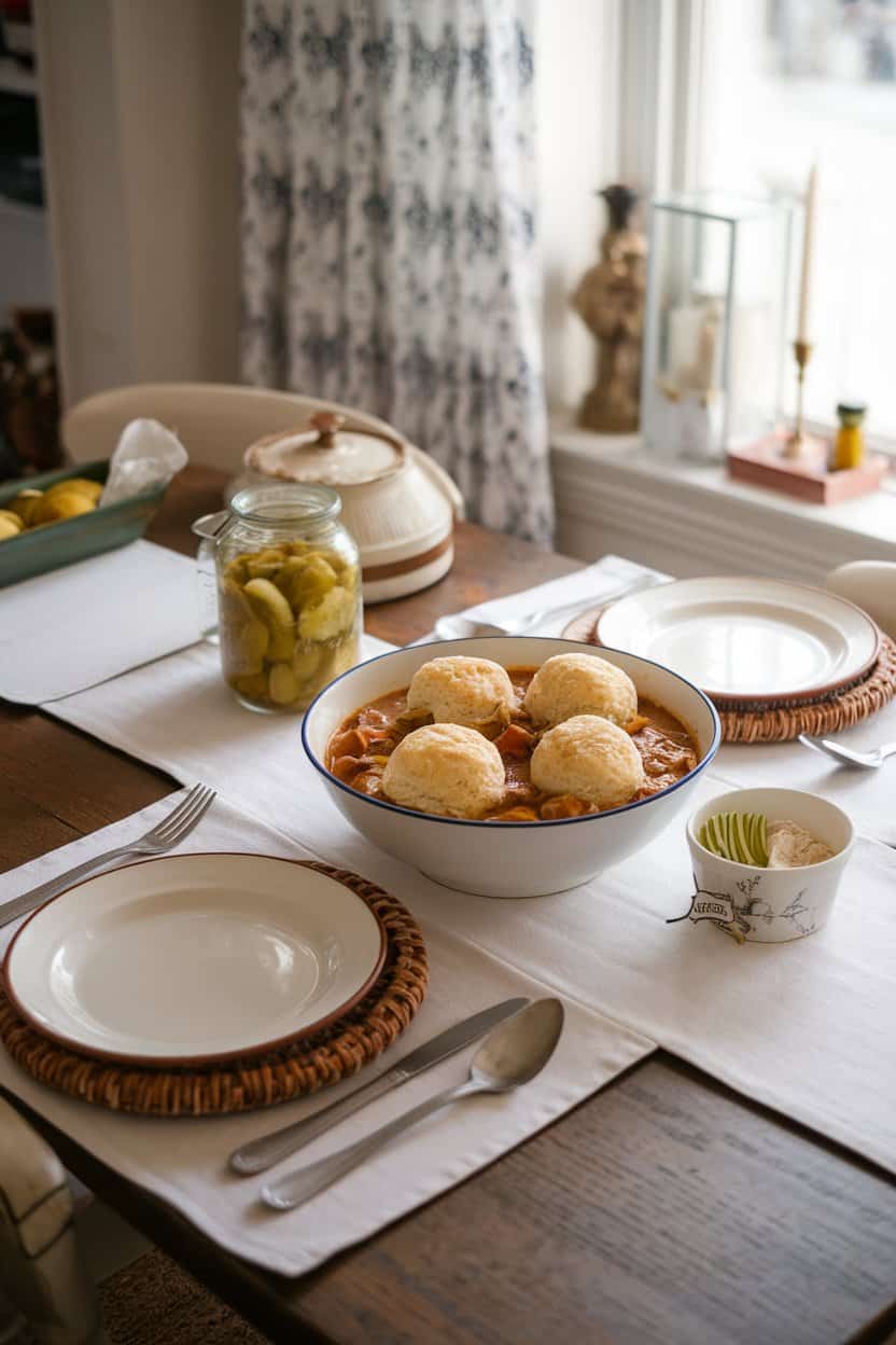 Indoor farmhouse table showing a bowl of thick chicken stew crowned with fluffy biscuit-style dumplings; no text or logos.