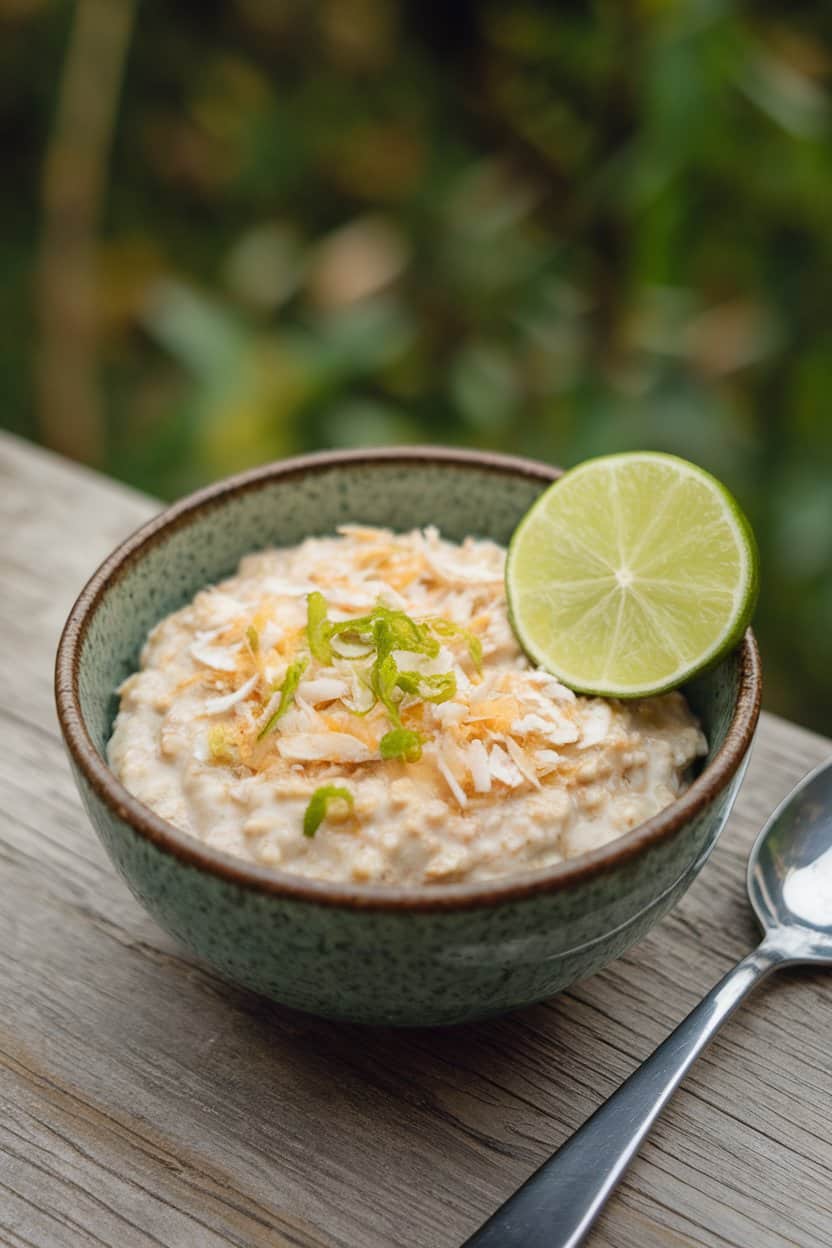 Indoor photo of coconut-flecked oats with lime zest and a lime wheel garnish, no text or logos.