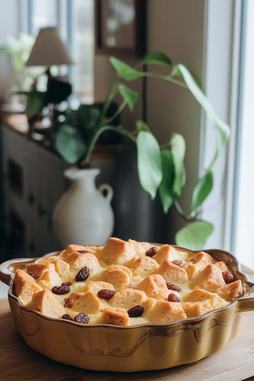 Cozy indoor dining nook with a ceramic baking dish of golden bread and butter pudding, raisins peeking through, custard pooling around the edges. No text or logos present. Photo only.