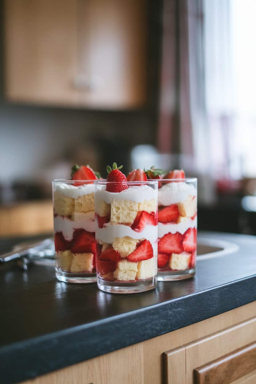 Photo: Clear glass tumblers layered with cubes of sponge cake, whipped cream, and macerated strawberries on an indoor countertop. No text or logos visible.