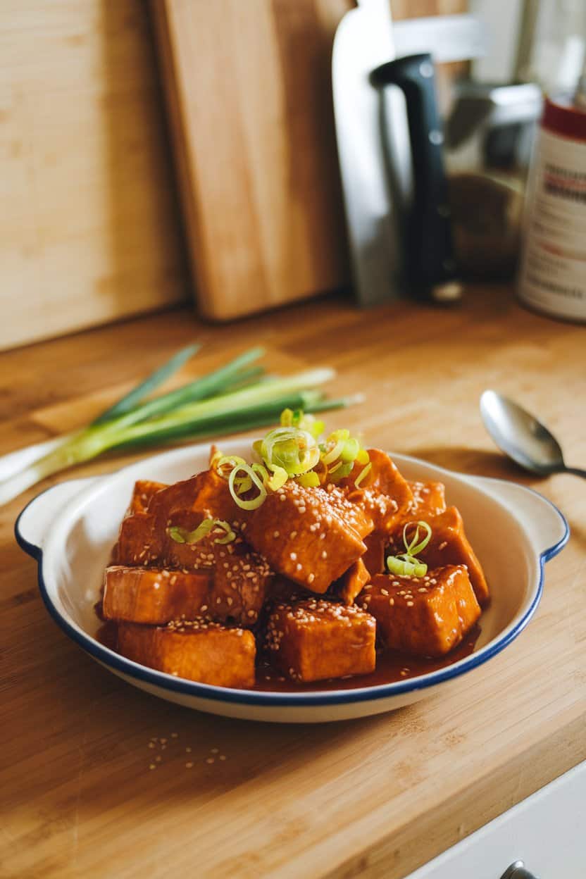 An indoor kitchen shot of crispy tofu pieces glazed with glossy orange sauce and sprinkled with sesame seeds and zest curls; no text or logos visible.