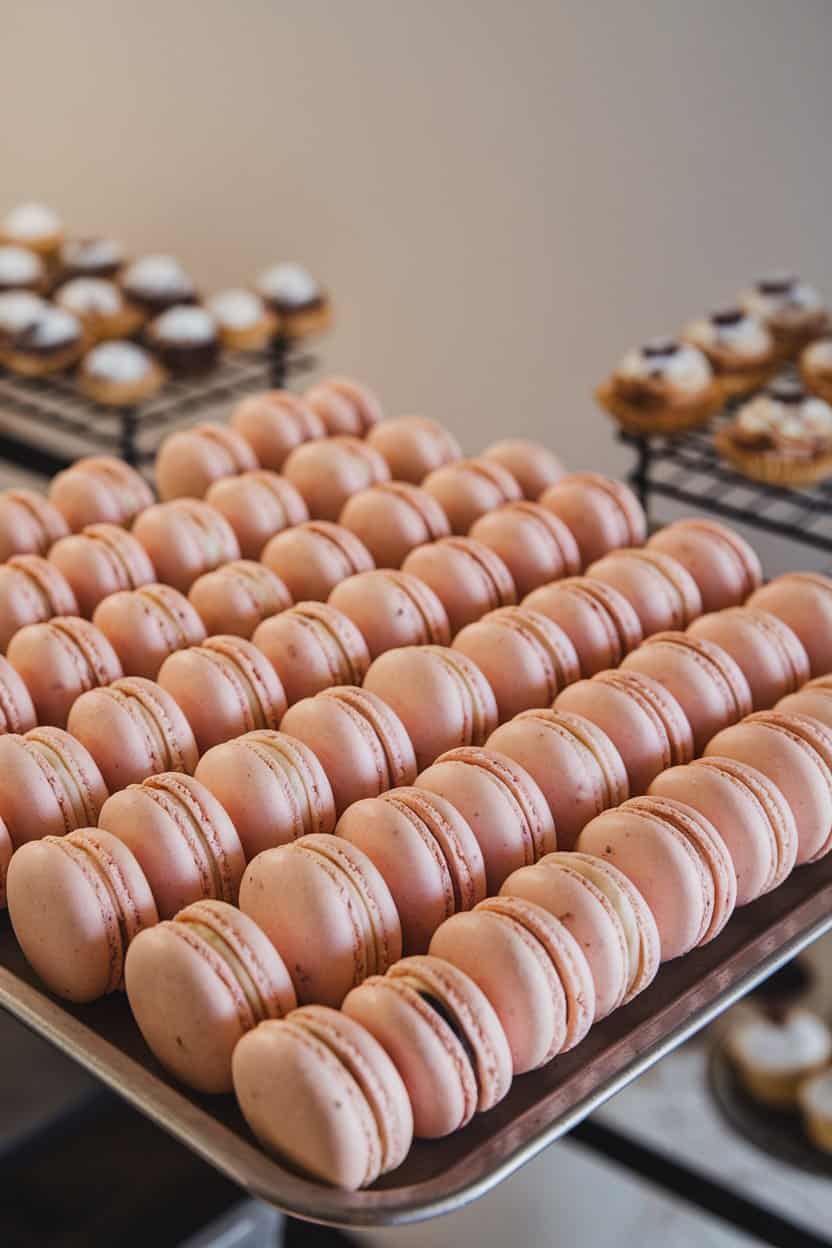 Photo: Pale pink macarons with flecks of vanilla bean, arranged in neat rows on a tray indoors. No text or logos visible.