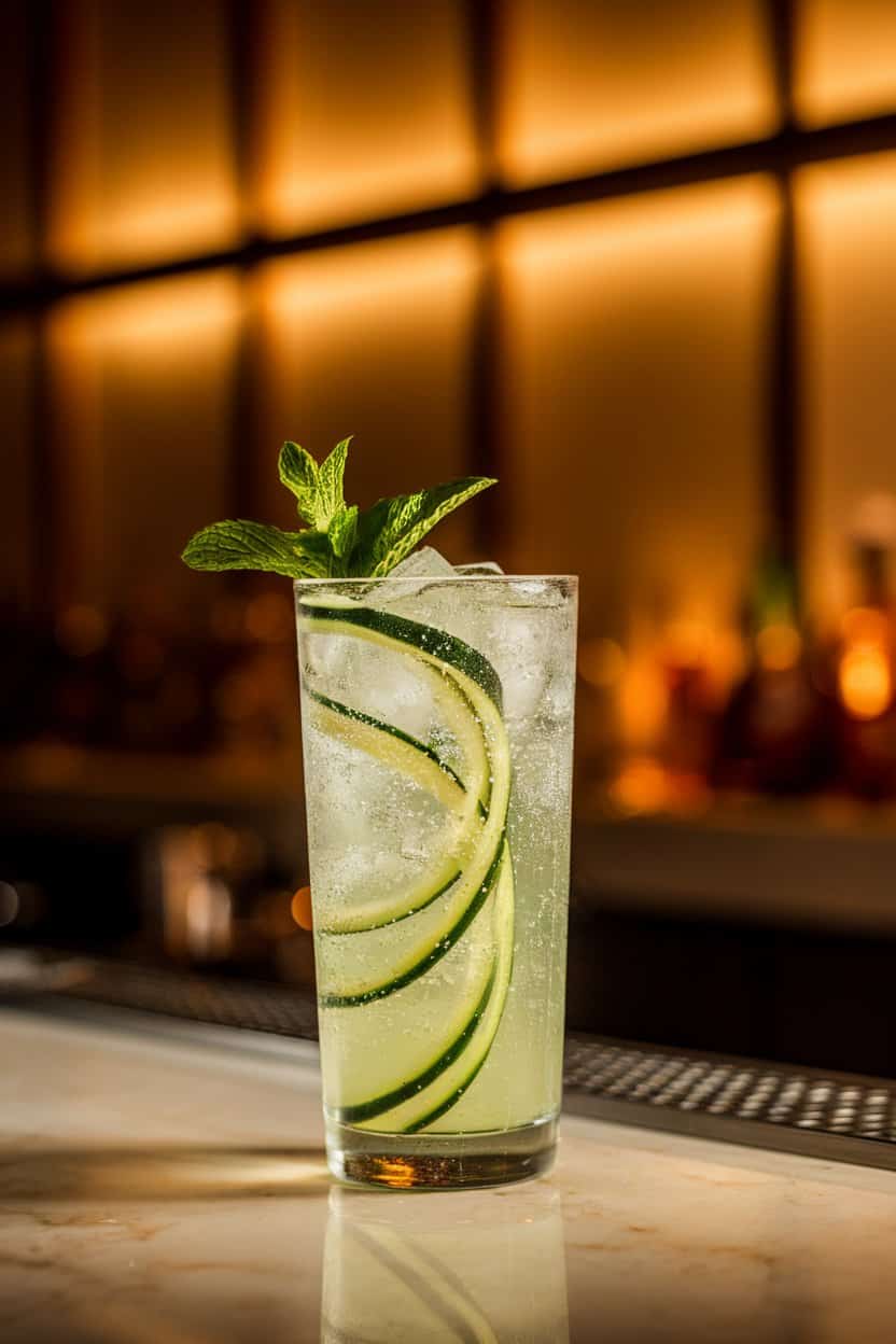Photo of a sparkling highball glass on an indoor bar counter, filled with pale green liquid, thin cucumber ribbons spiraling inside, fresh mint sprig on top, and plenty of ice; warm ambient lighting; no text or logos