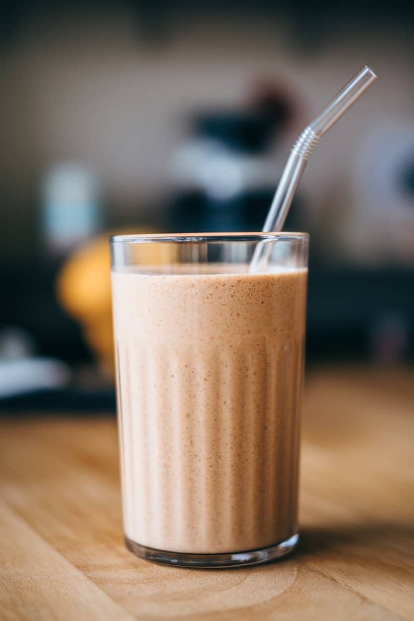Indoor photo of a clear smoothie glass containing a thick, light-brown peanut butter banana smoothie with a reusable straw; no text or logos