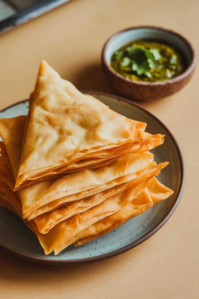 Indoor photo of crisp, golden phyllo triangles stacked on a plate with a small bowl of cilantro chutney. No text or logos.