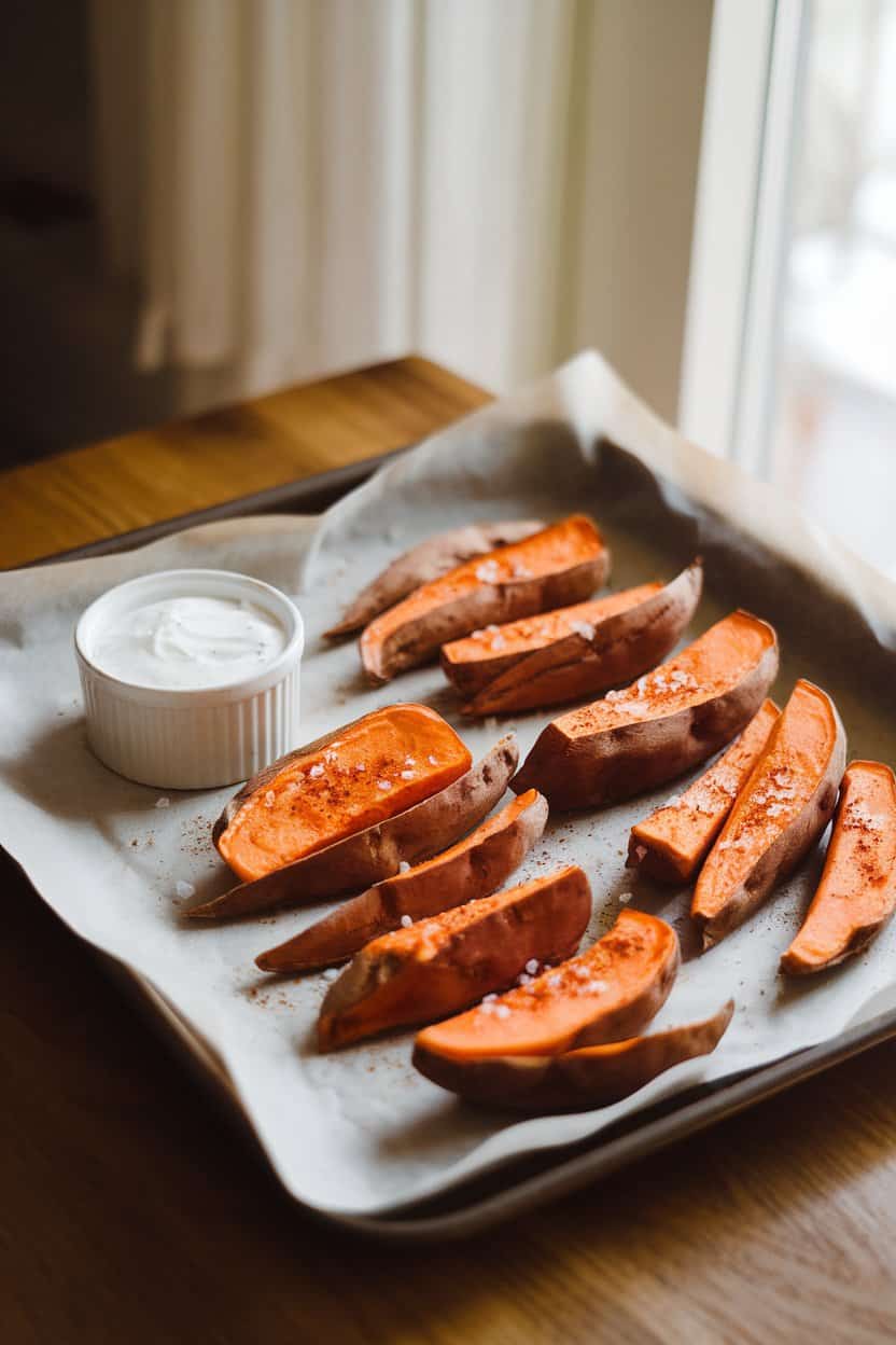 A warmly lit indoor table with a parchment-lined sheet pan of golden baked sweet potato wedges sprinkled with paprika and sea salt. A small ramekin of Greek yogurt dip sits nearby. Photo, no text or logos anywhere.