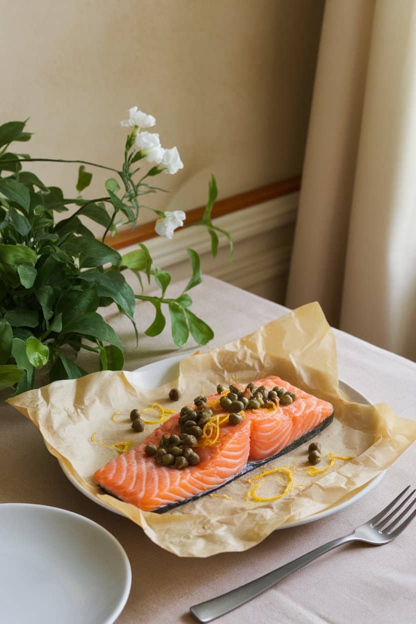 Indoor dining table featuring a cooked salmon fillet topped with capers and lemon zest, resting on parchment paper, no text or logos.