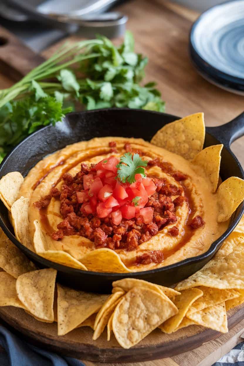 An indoor cast-iron skillet filled with creamy queso topped with chorizo and diced tomatoes, surrounded by tortilla chips. No text or logos.