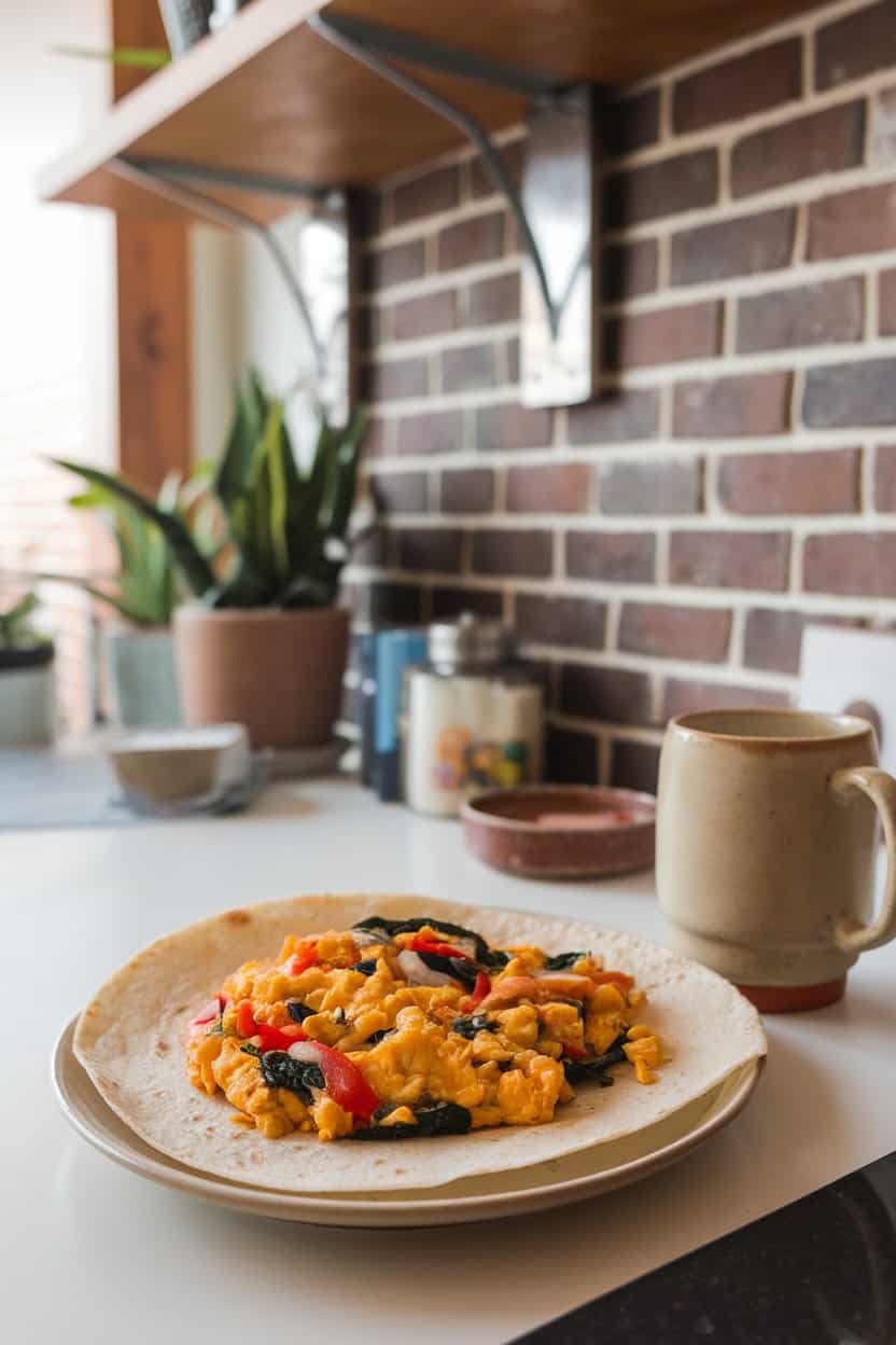 A cozy indoor breakfast counter photo of a tortilla wrapped around a golden tofu scramble with peppers, onions, and spinach; no text or logos on mug or plate.