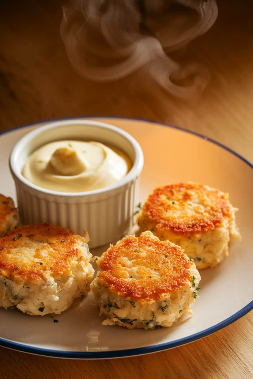 A warmly lit indoor plate holding golden mini crab cakes, a small ramekin of pale lemon aioli beside them, steam just visible. No text or logos.