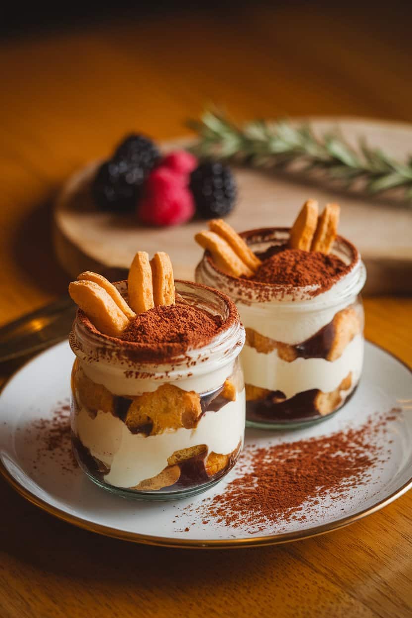 An indoor dessert plate with two individual glass jars layered with espresso-soaked ladyfingers, mascarpone cream, and cocoa powder. No logos or text; photo.