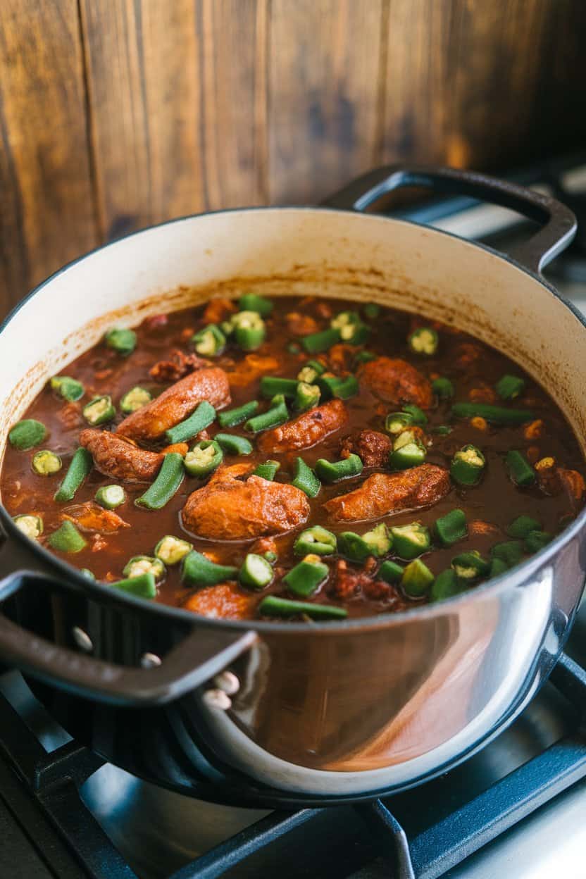 An indoor stovetop shot of a heavy pot filled with dark roux-based chicken gumbo, okra and sausage visible, no text or logos.