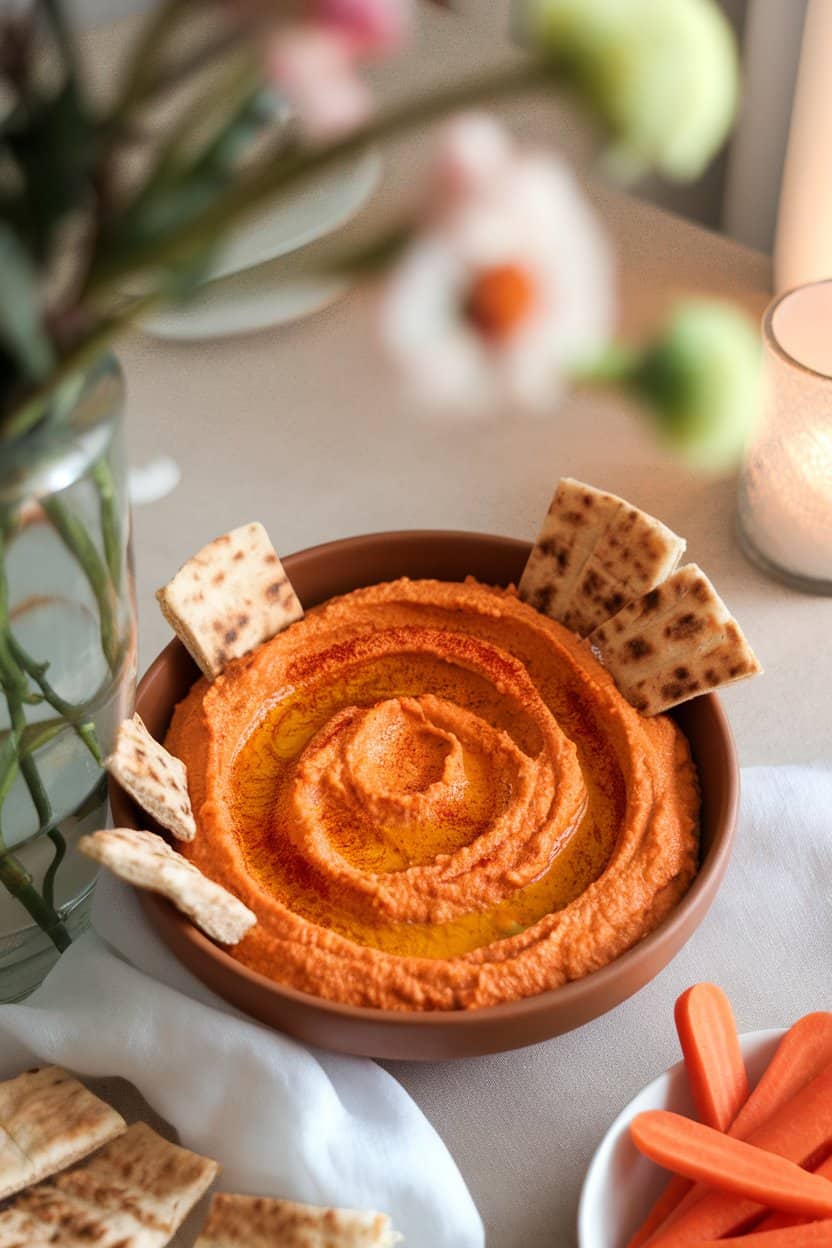 Photo of a bowl of orange-hued roasted red pepper hummus swirled with olive oil, paprika sprinkled on top, indoor table, no text or logos.