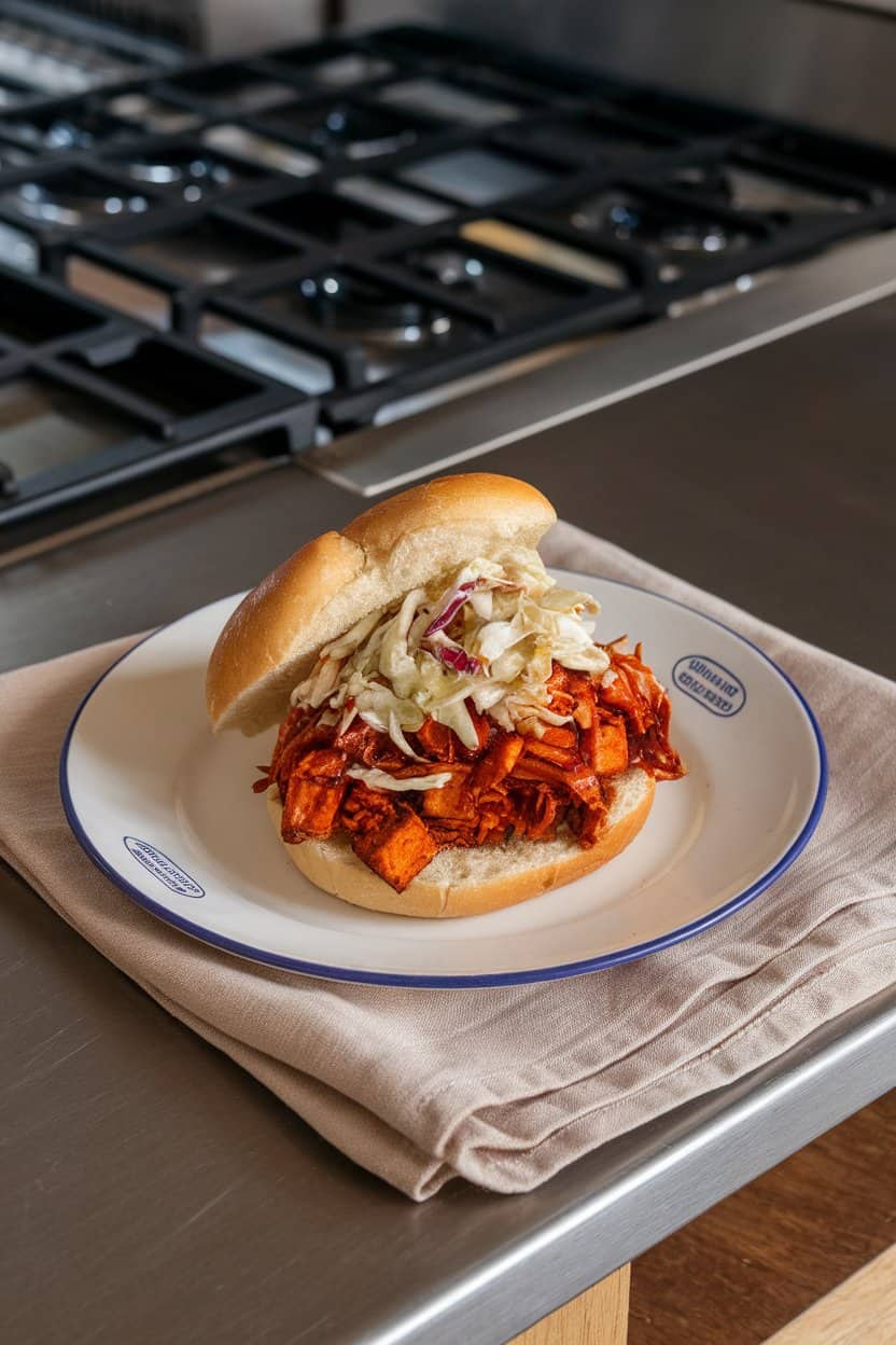 An indoor kitchen island photo of a toasted bun generously filled with shredded barbecue-sauced tofu, topped with crunchy coleslaw; no text or logos on plate or linens.