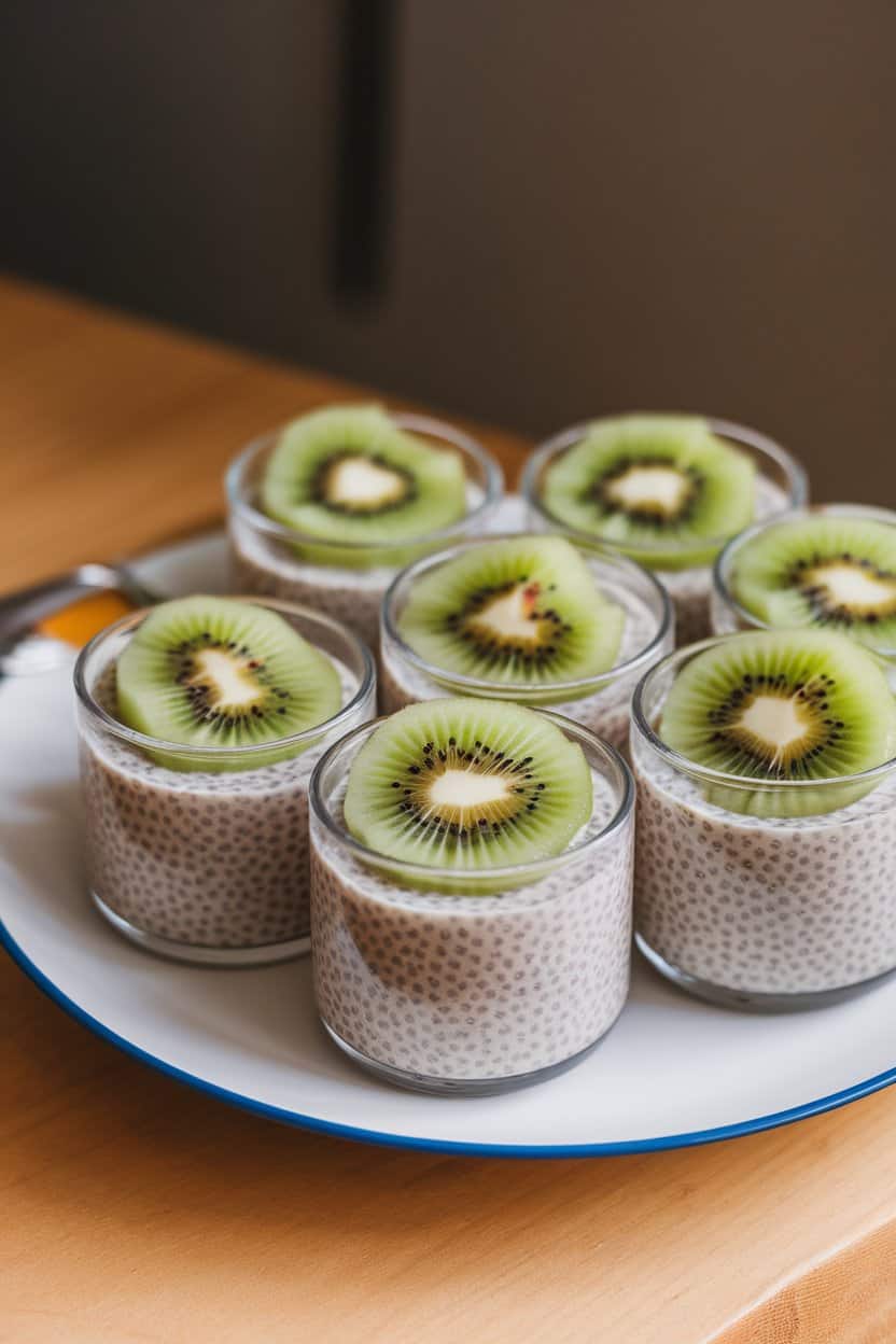 Indoor photo of small glass cups filled with vanilla chia pudding topped with sliced kiwi; no text or logos visible.