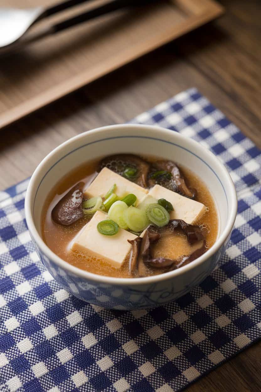 Indoor photo of a light miso broth in a small porcelain bowl, featuring tofu cubes, sliced shiitake mushrooms, and scallions floating on top. No text or logos.