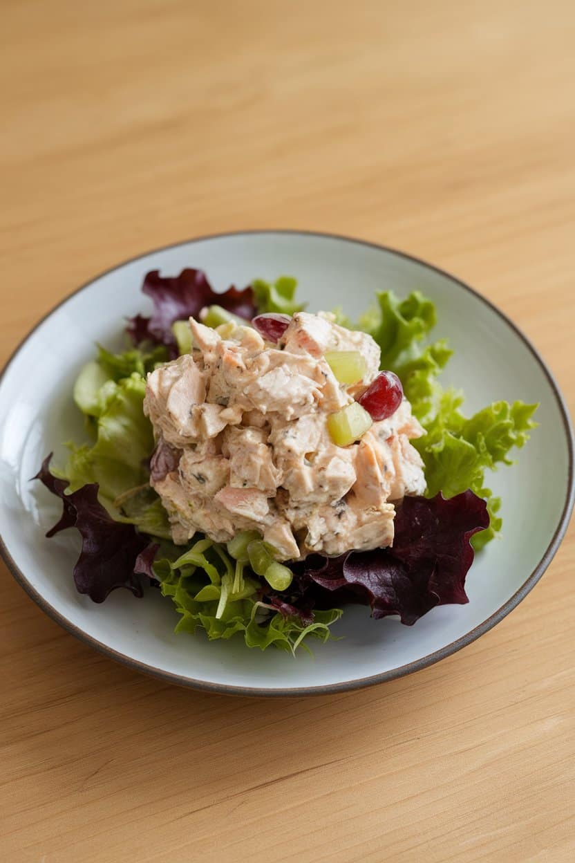 An indoor plate featuring a scoop of chicken salad made with Greek yogurt, grapes, and celery, served on a bed of mixed greens. No text or logos. Photo only.