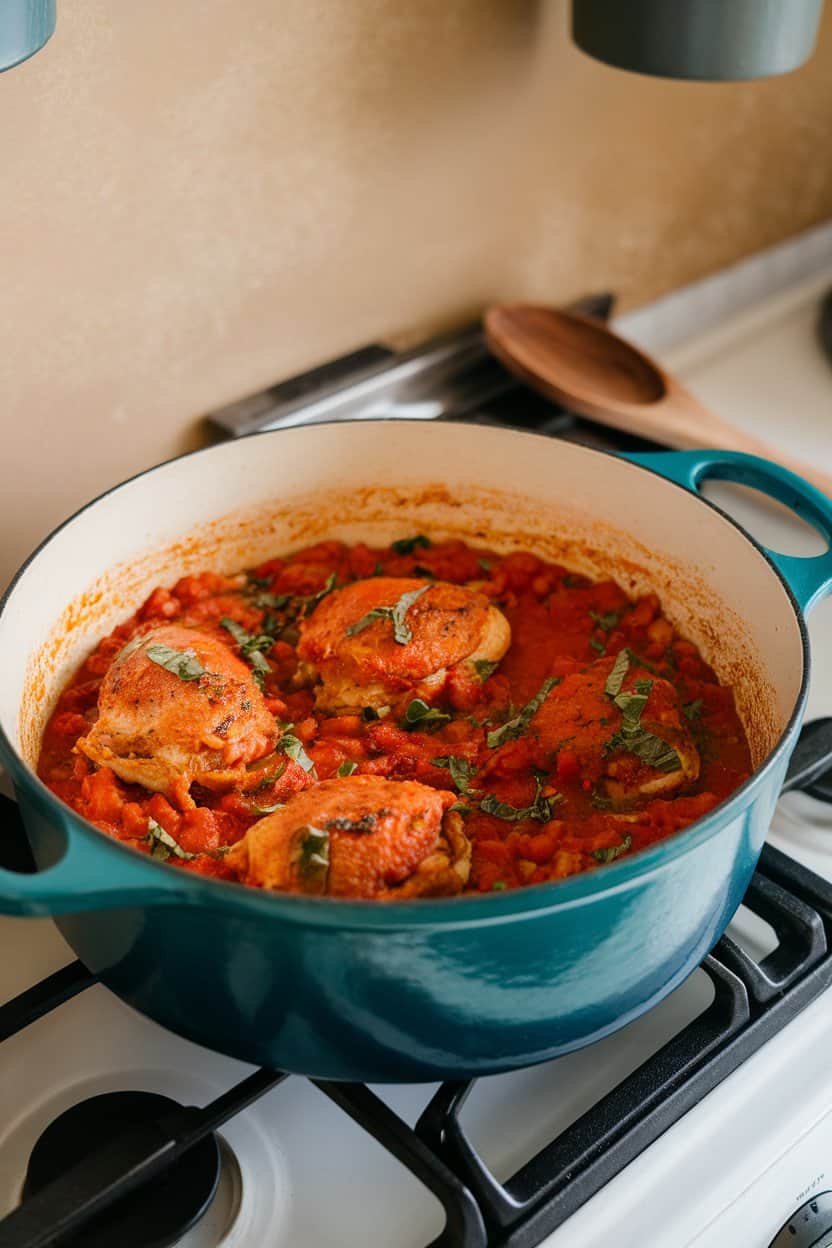 Indoor stovetop scene with a Dutch oven filled with braised chicken thighs in chunky tomato sauce flecked with fresh basil. No text or logos, captured photographically.
