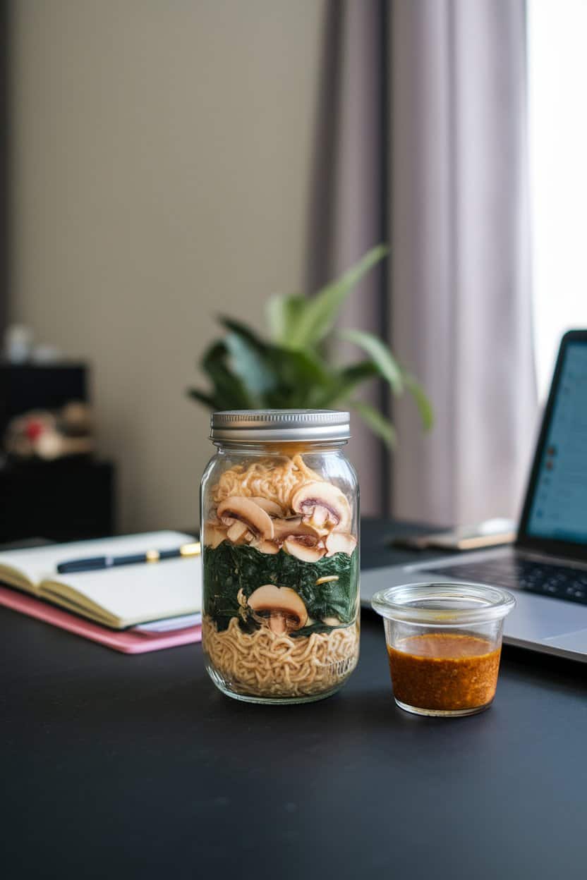 Indoor office desk with a glass jar layered with cooked ramen noodles, sautéed mushrooms, spinach, and miso broth in a separate mini container. No text or logos, photo not illustration.