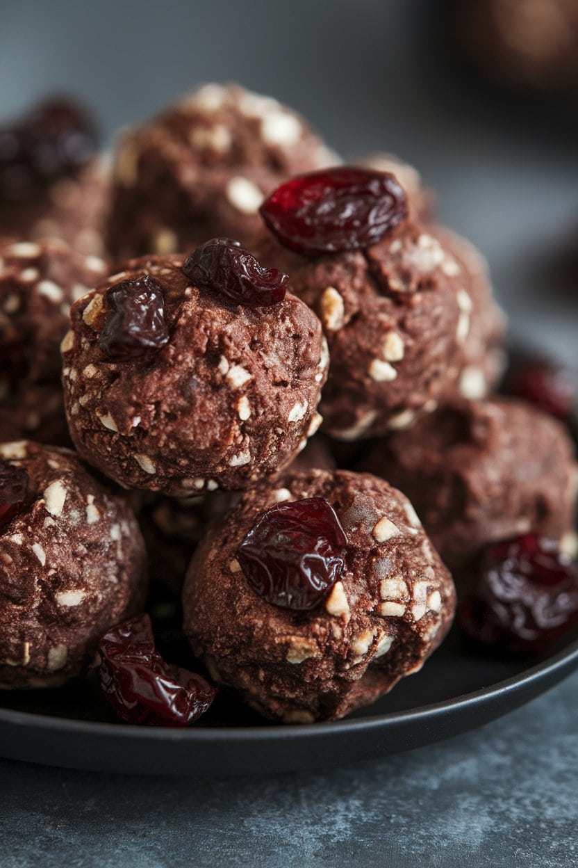 Indoor photography of deep cocoa protein balls studded with dried cherries on a matte black plate. No text or logos. Photo only.