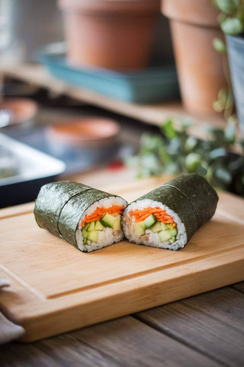 Photo of an indoor cutting board with a large sushi burrito cut in half, showing layers of rice, avocado, cucumber, and carrot sticks wrapped in nori. No text or logos present.