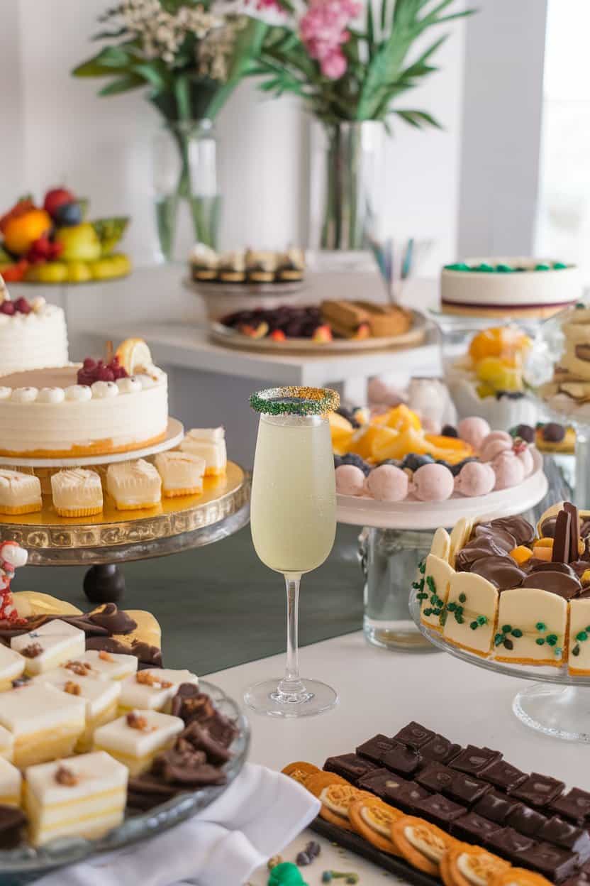 Indoor dessert buffet displaying a flute of lightly tinted Sparkling Mocktail rimmed with green, gold, and purple sugar; photo, no text or logos.