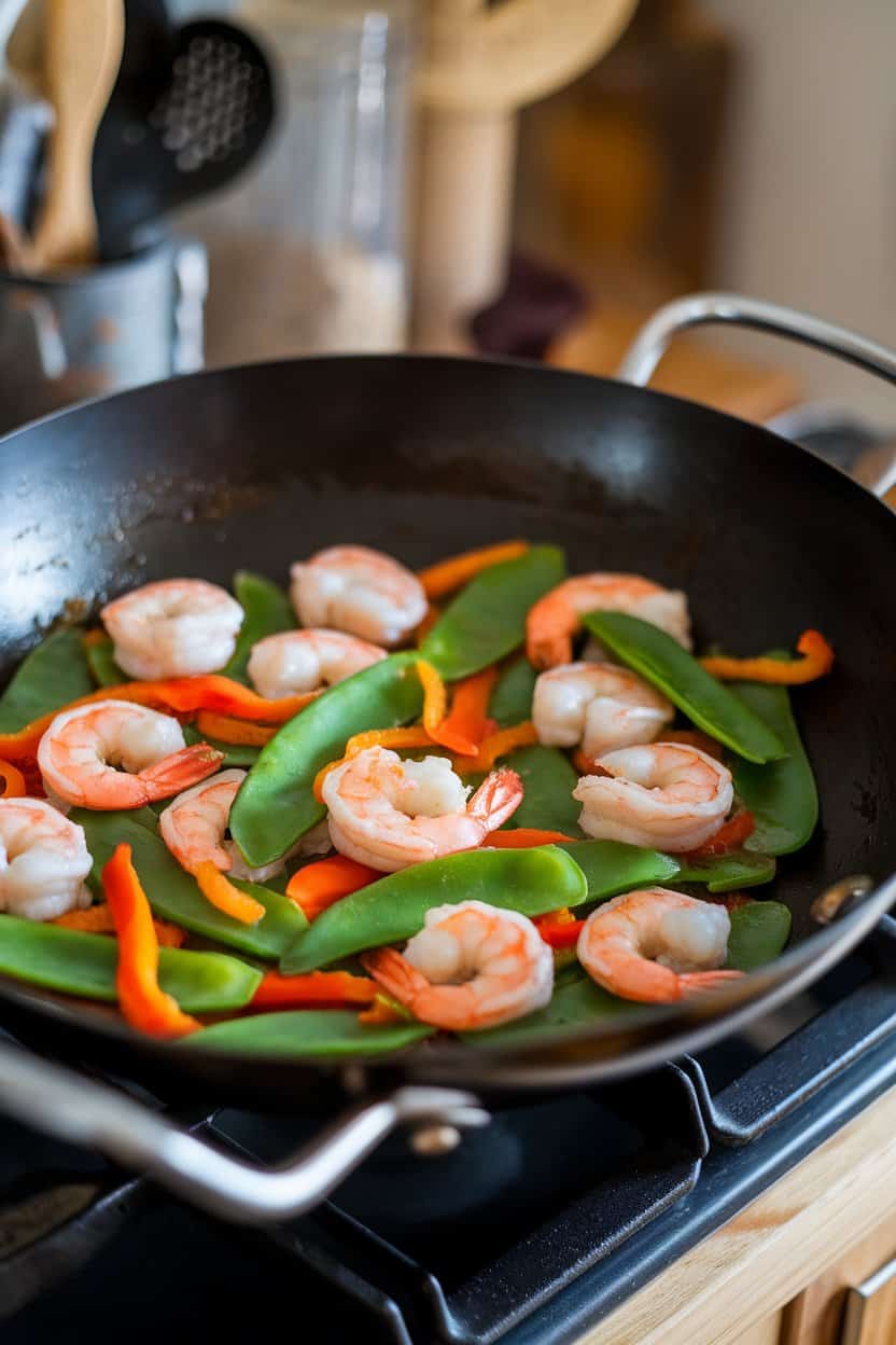 Wok on an indoor stovetop filled with cooked shrimp, snow peas, and bell pepper strips glistening in a ginger-soy glaze. No text or brand names visible.