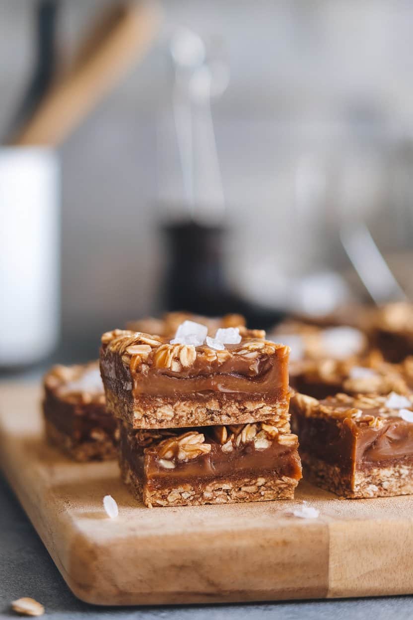 An indoor cutting board featuring layered date squares with visible caramel filling and oat crust, light sea-salt flakes on top. No logos or text.