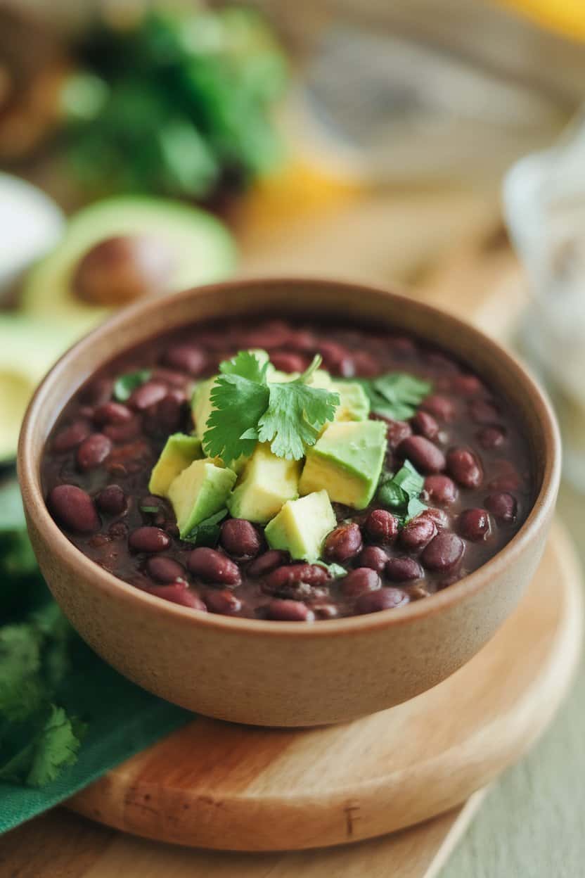 Indoor photo of a bowl of black bean soup topped with diced avocado and cilantro; no text or logos