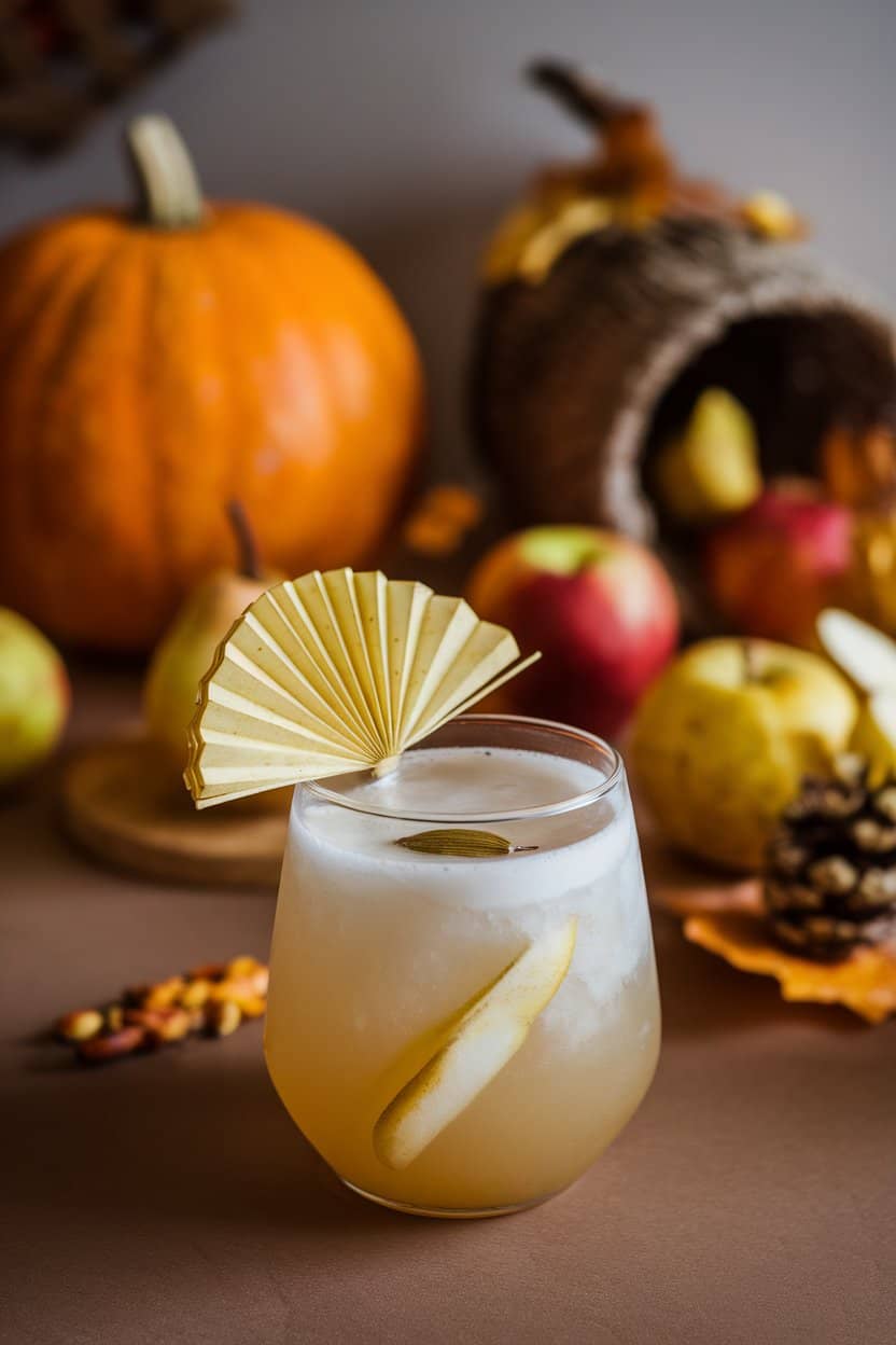 Photo of an indoor autumn table, stemless glass with cloudy pear drink, thin pear fan garnish, cardamom pod floating; no text or logos