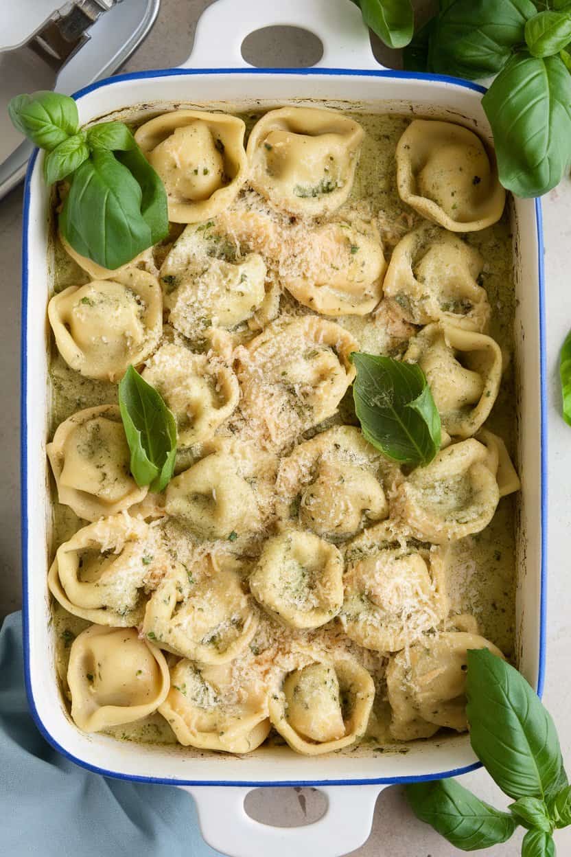 Indoor photo of cheesy pesto tortellini in a casserole dish, basil leaves scattered—no logos