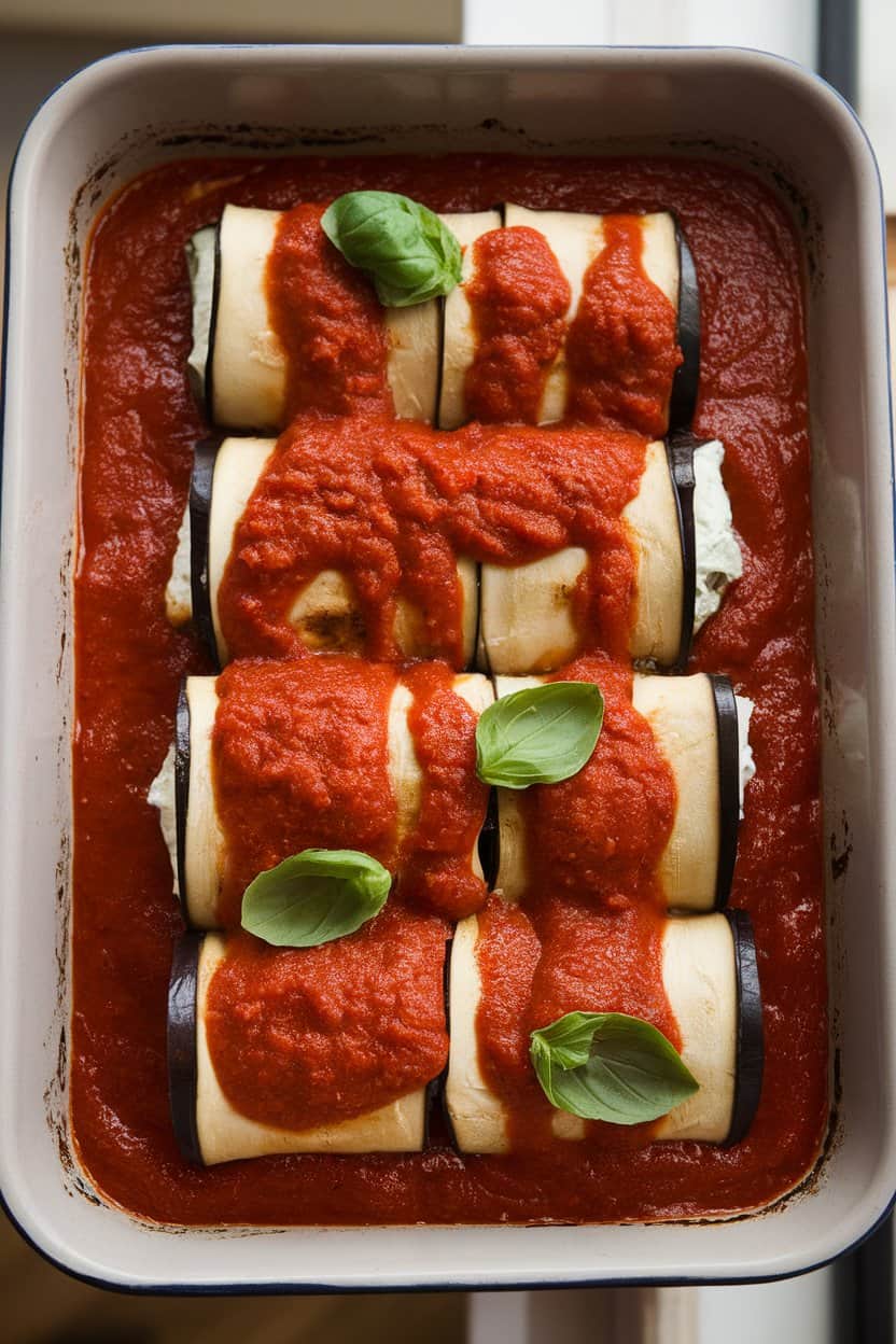 A rectangular baking dish indoors showing rolled eggplant slices stuffed with herbed ricotta, marinara bubbling around them, no text or logos.